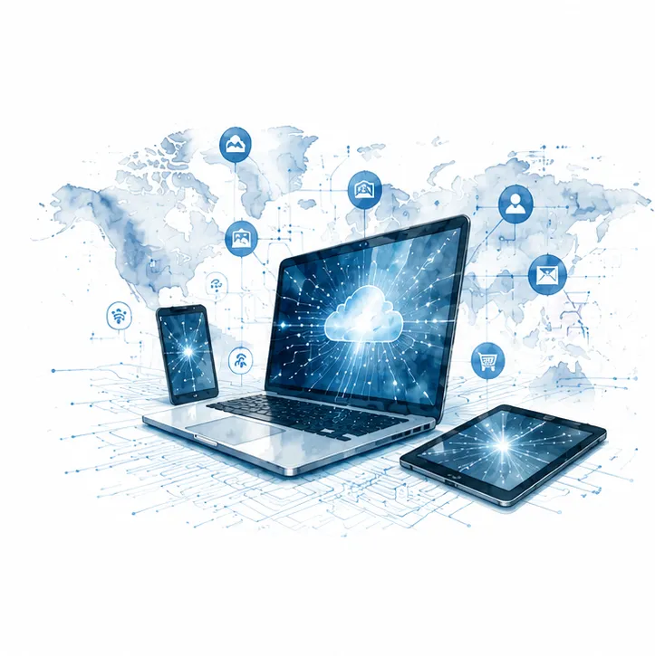 Watercolor illustration of digital workspace with laptops, data icons, and connected systems