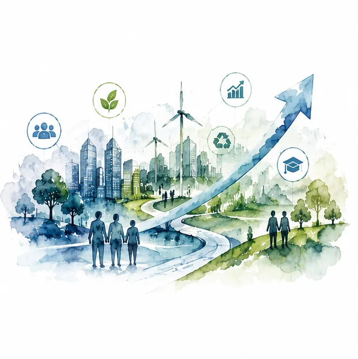 Watercolor illustration of people silhouettes against a green city skyline with growth arrows
