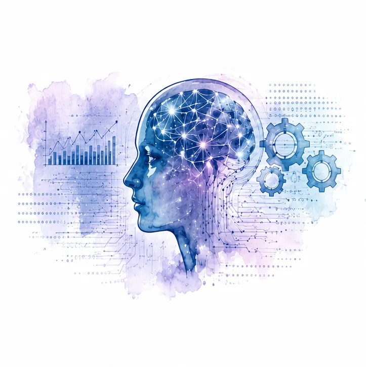 Watercolor illustration of a human profile with a brain composed of data points, surrounded by gears and analytics